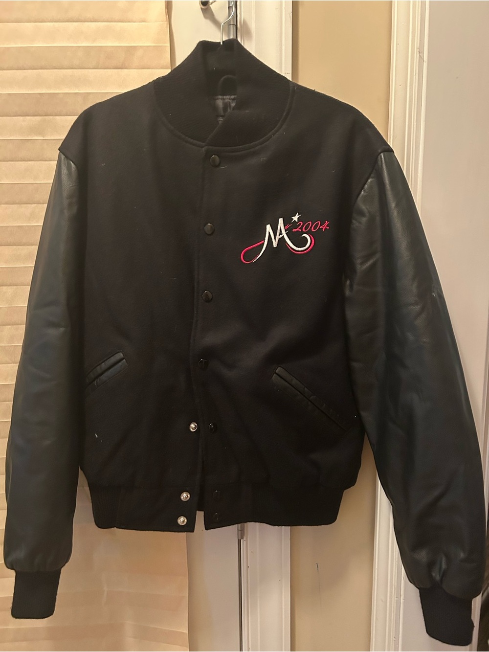 Men's Black Varsity Bomber Jacket with Leather Sleeves